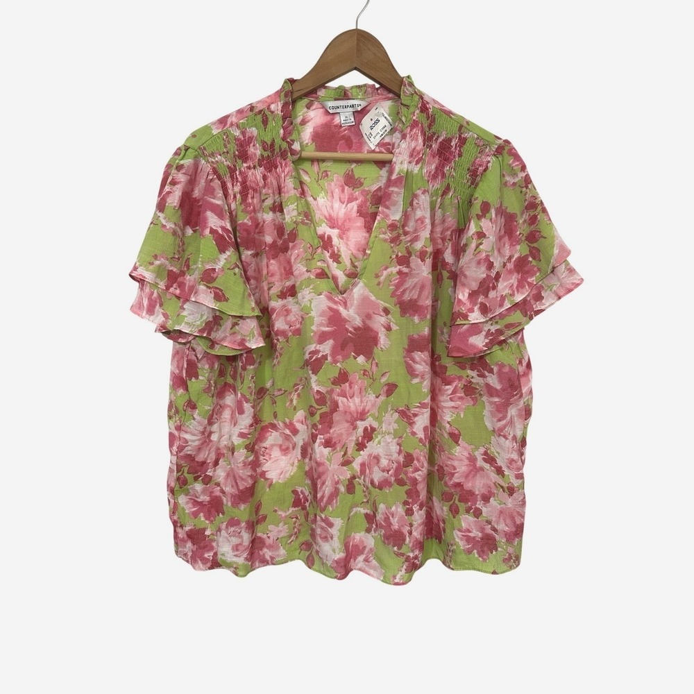 Counterparts Floral‎ Top Womens XL Green Pink Short Flutter Sleeve V Neck Rayon